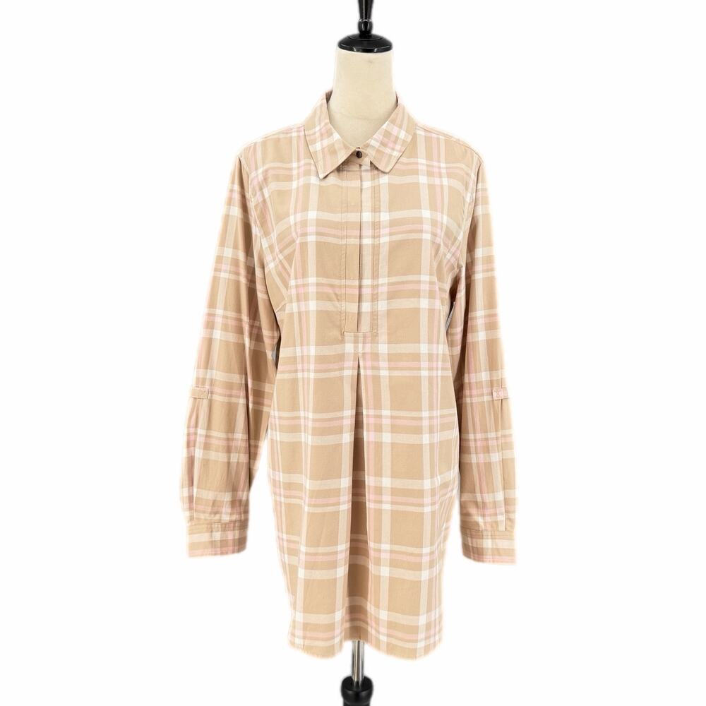 Tyler Boe Beige Pink Plaid Cotton Flannel Cozy Cabincore Fall Western Tunic Top